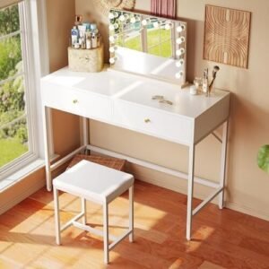 35.4" White Desk with 2 Drawers, Modern Makeup Vanity Desk with Padded Stool,...