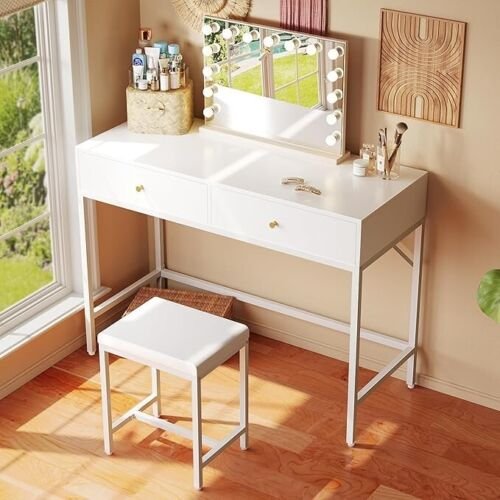 35.4" White Desk with 2 Drawers, Modern Makeup Vanity Desk with Padded Stool,...