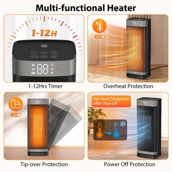 Space Heater Indoor With Remote, 1500W PTC Electric Heater, 60°Oscillating - Image 5
