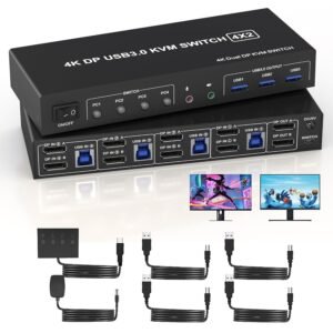 USB 3.0 HDMI + 2 DisplayPort KVM Switch 3 Monitors 2 Computers, 4K@60Hz Triple M