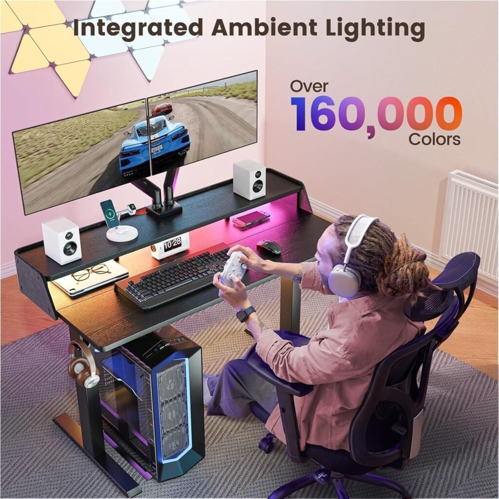 Standing Desk with LED Strip, 48″ x24″ Electric Height Adjustable RGB Gaming Des